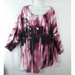 6th & Lane Womens Blouse Purple Tie Dye 3/4 Sleeve Asymmetric Lined Plus 26 New